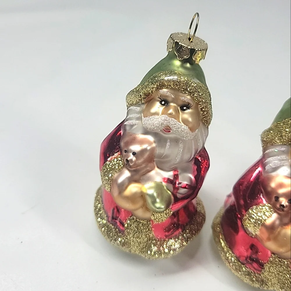 Glass Blown Santa Ornaments Glitter Hand Painted Lot‎ Of 3